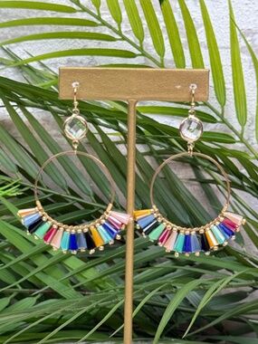 Colorful Beaded Hoop Earrings Gold Statement Rainbow Fringe